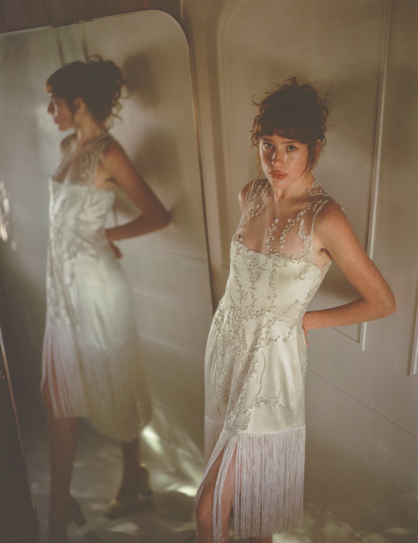 1920s-Inspired Silk Satin Cocktail Dress with Fringe and Pearl Appliqué – Perfect for Reception or Bachelorette