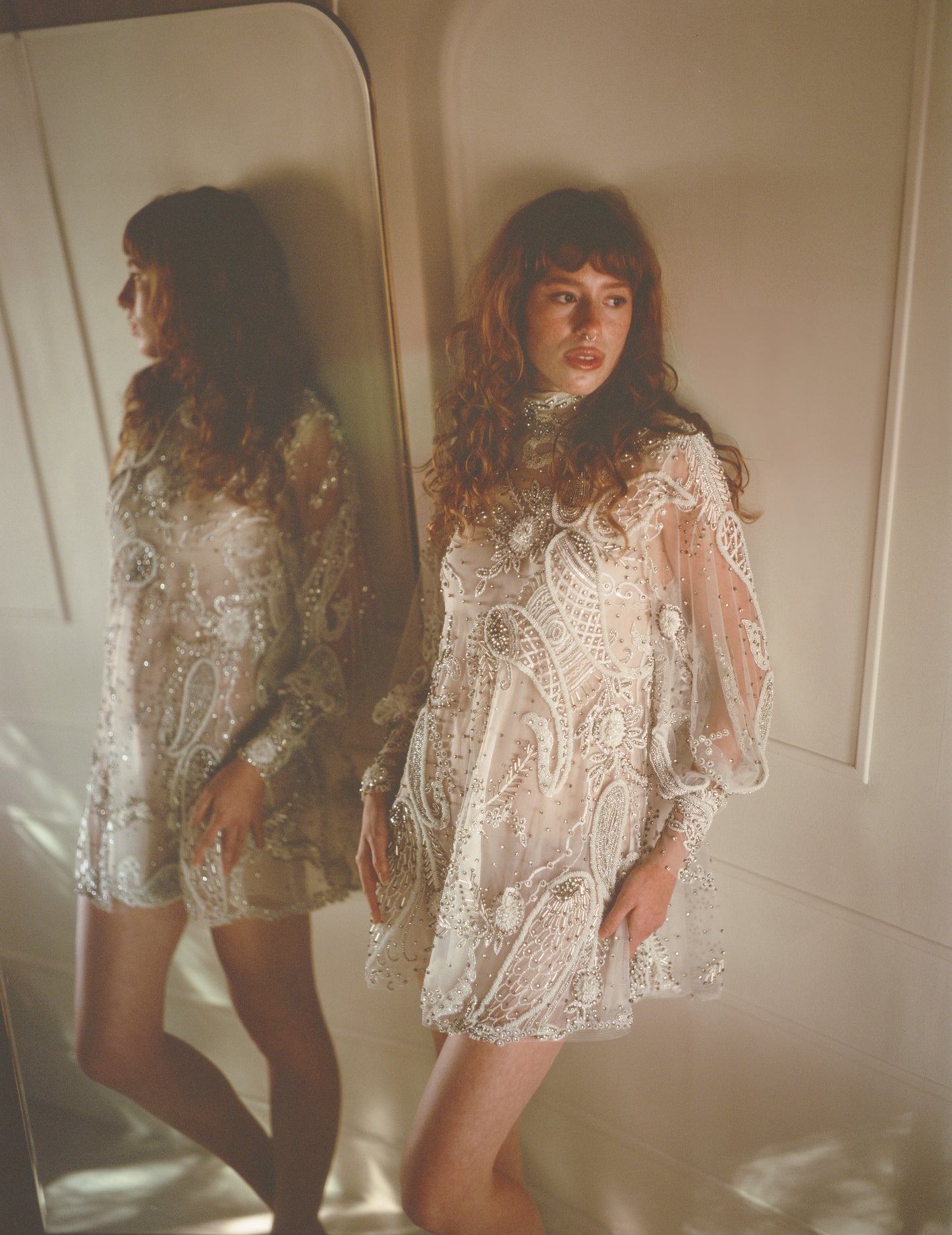 Ethereal Embroidered Silk Organza Mini Dress with Bishop Sleeves