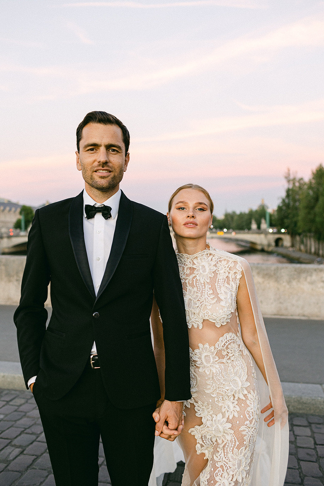One-of-a-Kind Lace Cutout Gown with Silk Gauze Cape