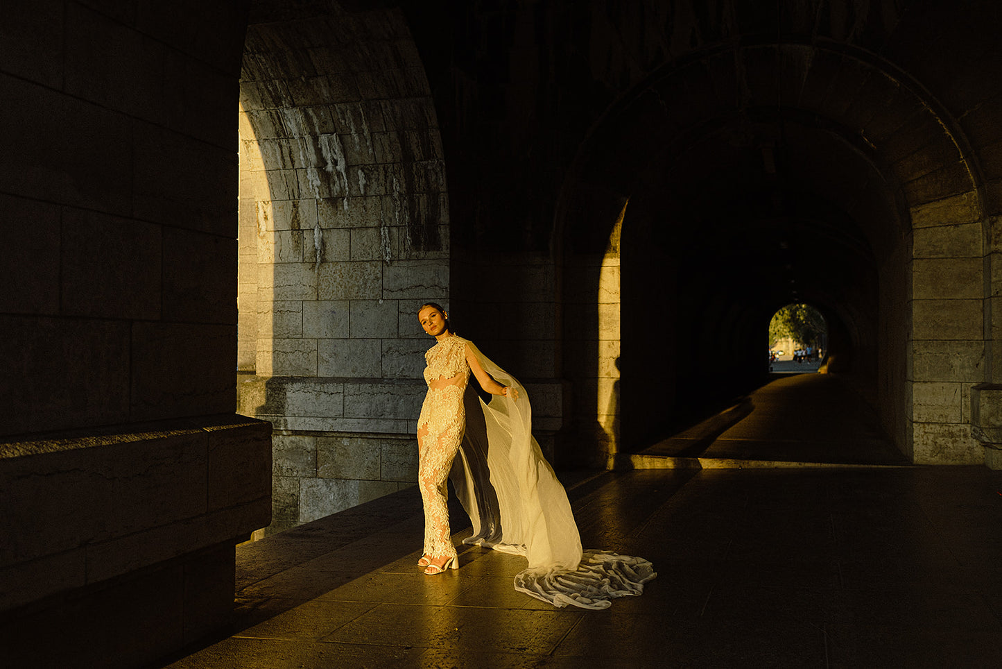 One-of-a-Kind Lace Cutout Gown with Silk Gauze Cape