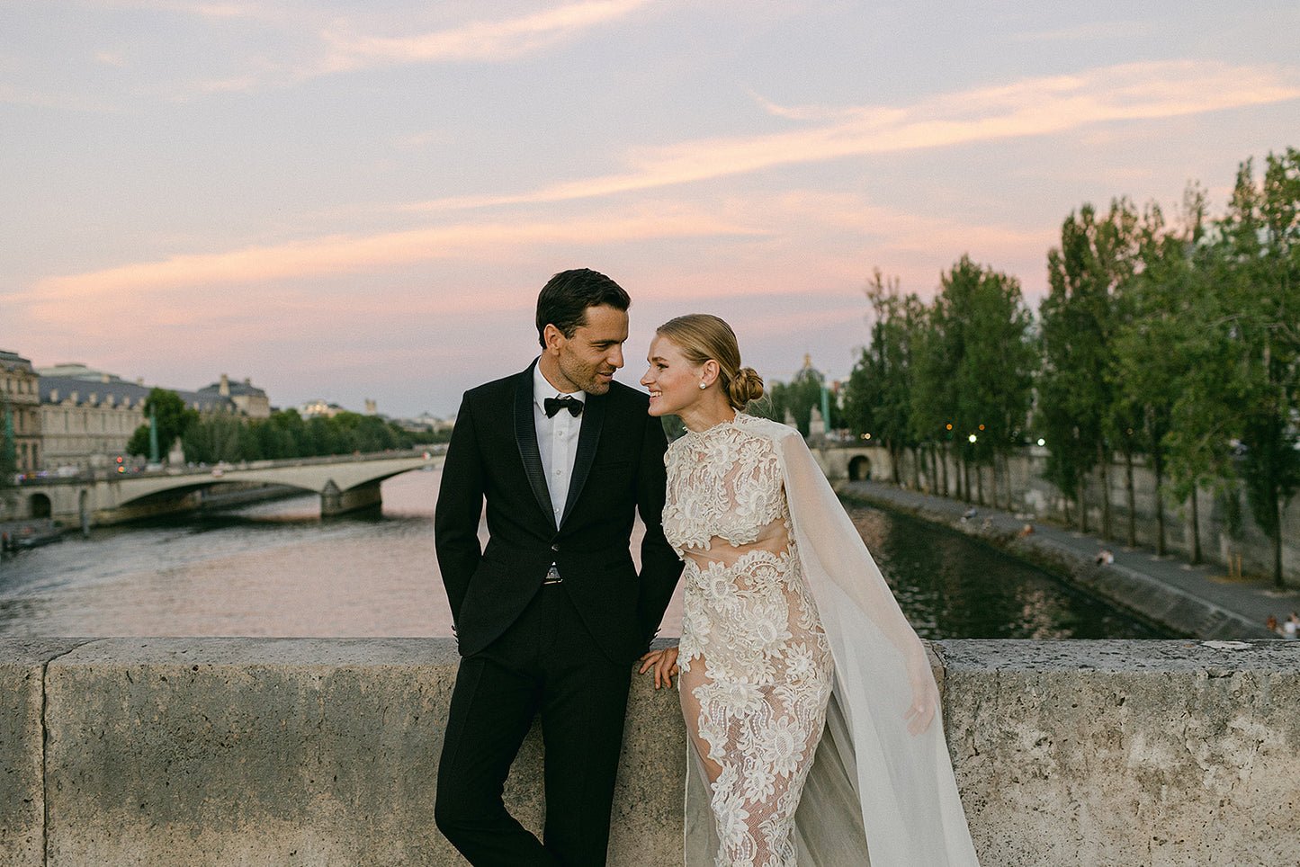 One-of-a-Kind Lace Cutout Gown with Silk Gauze Cape