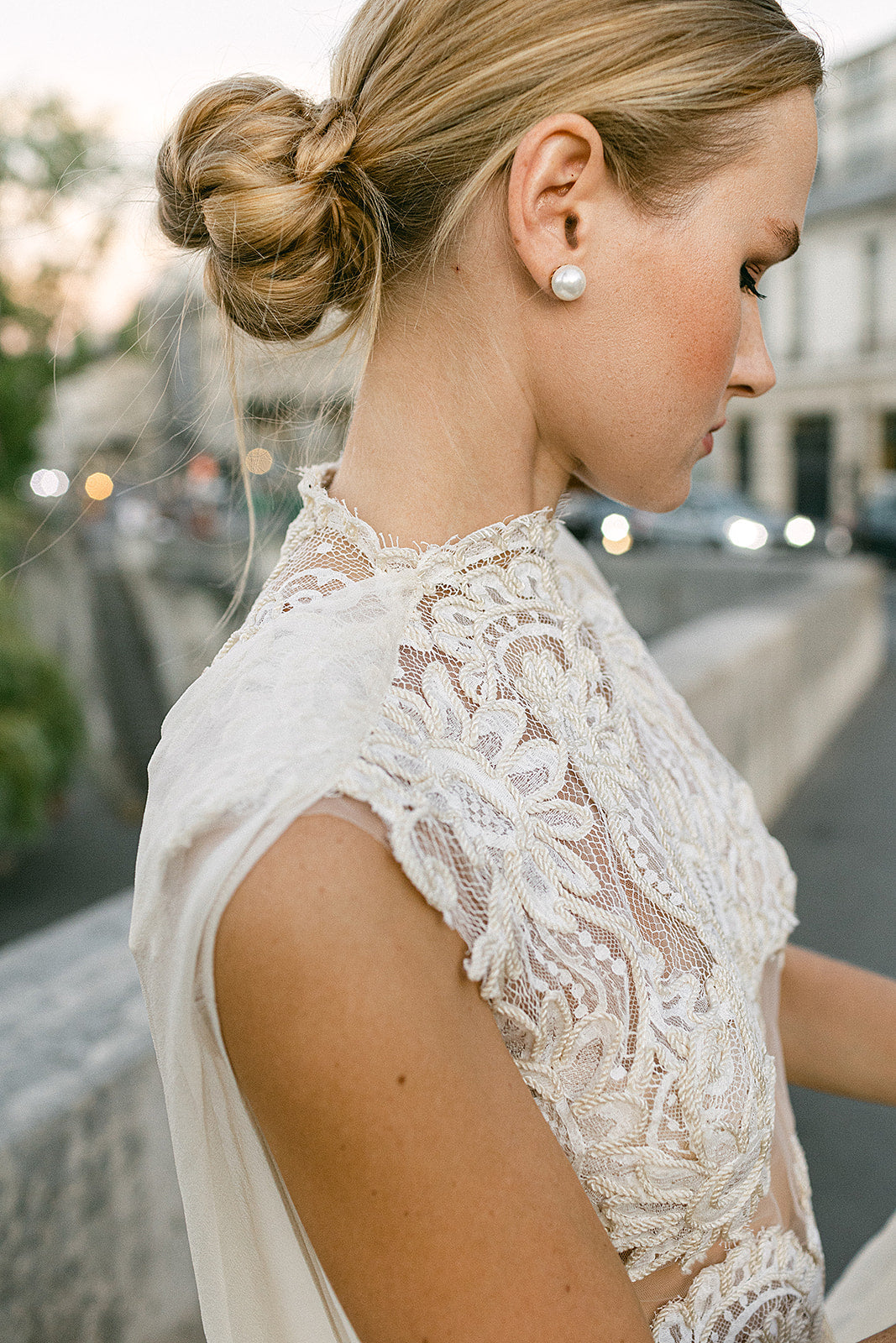 One-of-a-Kind Lace Cutout Gown with Silk Gauze Cape
