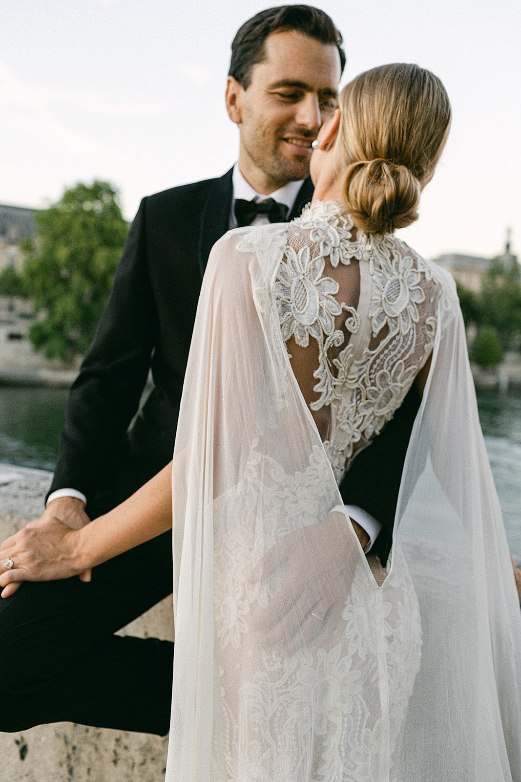 One-of-a-Kind Lace Cutout Gown with Silk Gauze Cape