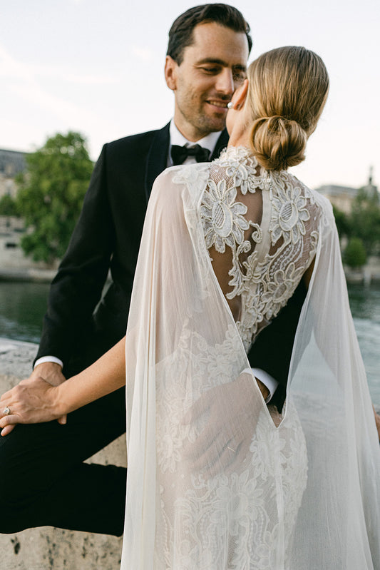 One-of-a-Kind Lace Cutout Gown with Silk Gauze Cape