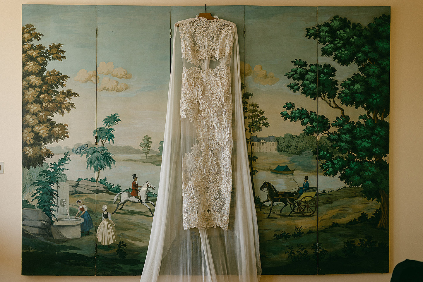 One-of-a-Kind Lace Cutout Gown with Silk Gauze Cape