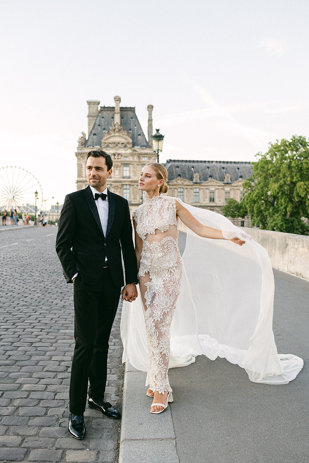 One-of-a-Kind Lace Cutout Gown with Silk Gauze Cape