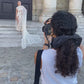 One-of-a-Kind Lace Cutout Gown with Silk Gauze Cape